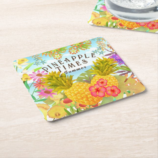Pineapples with Floral Square Paper Coaster (Angled)