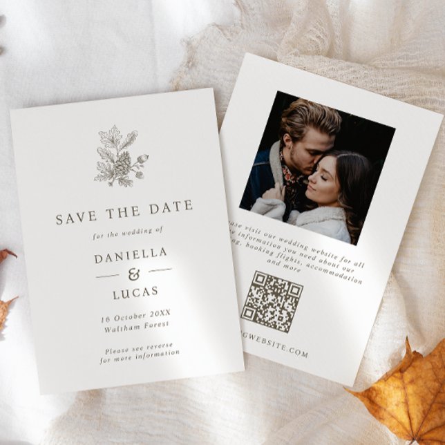 Pinecone & Acorns Fall Wedding Photo QR Code Save The Date (Creator Uploaded)