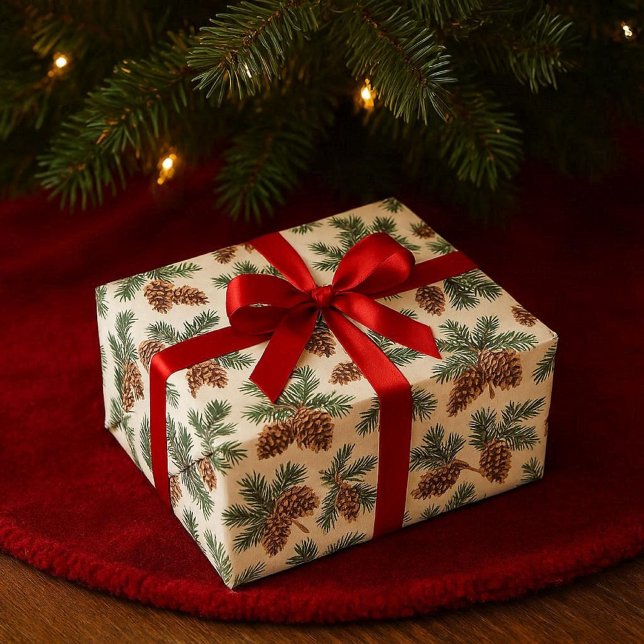 Pinecone and Evergreen Forest  Wrapping Paper (A nature inspired wrapping paper. Evergreen and pinecone pattern on white. For Christmas and Winter )