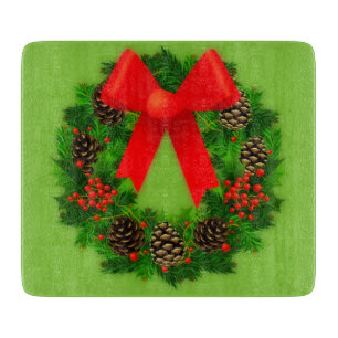 Pinecone and Holly Wreath Country Christmas Cutting Board