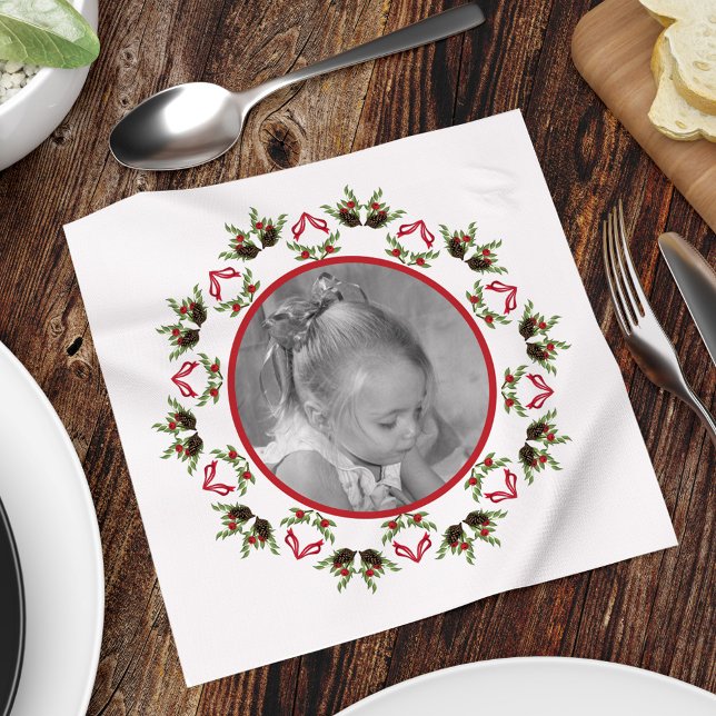 Pinecone Berries Holiday Mandala Christmas Napkin (Season's Greeting holiday red and green pinecones wreath mandala photo napkin)