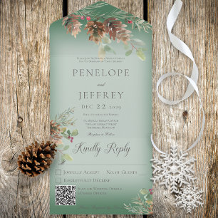 Pinecone & Berries Modern Green QR Code All In One Invitation