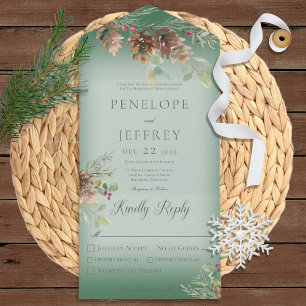 Pinecone & Berries Modern Wine Green Dinner All In One Invitation