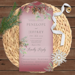 Pinecone & Berries Modern Wine Red Dinner All In One Invitation