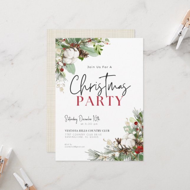 Pinecone Blooms Christmas Party Invitation  (Front/Back In Situ)