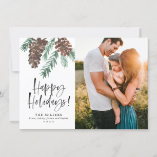 Pinecone Christmas Watercolor Holiday Photo Invitation