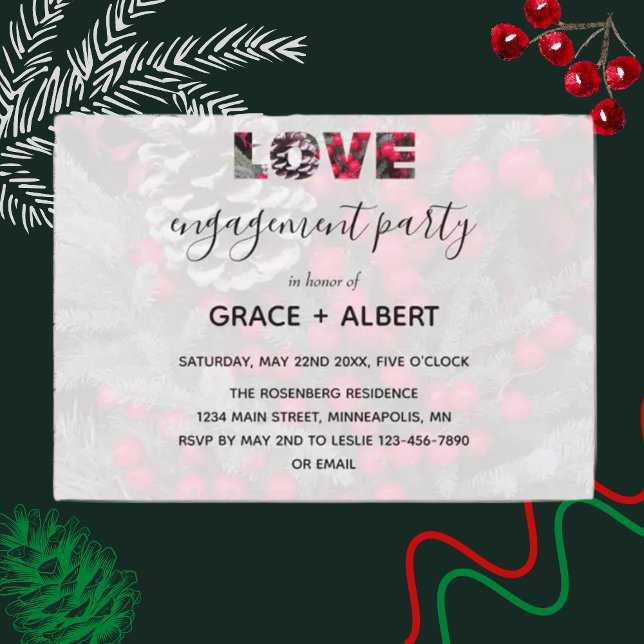 Pinecone Evergreen Red Berries Engagement  Invitation (Creator Uploaded)