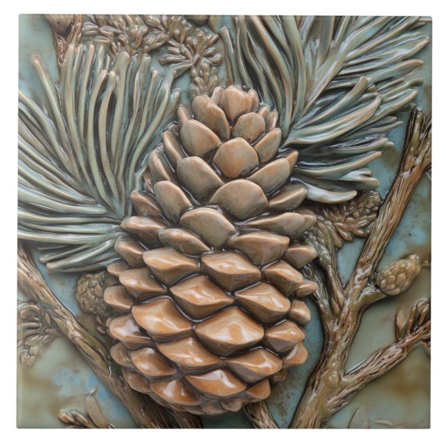 Pinecone & Foliage Faux Relief Ceramic Tile (Front)