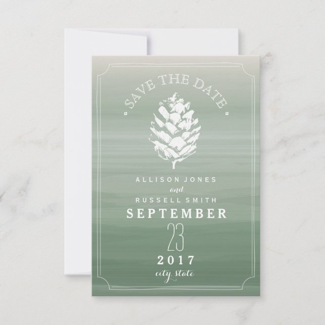 Pinecone Green Watercolor Wedding Save The Date (Front)