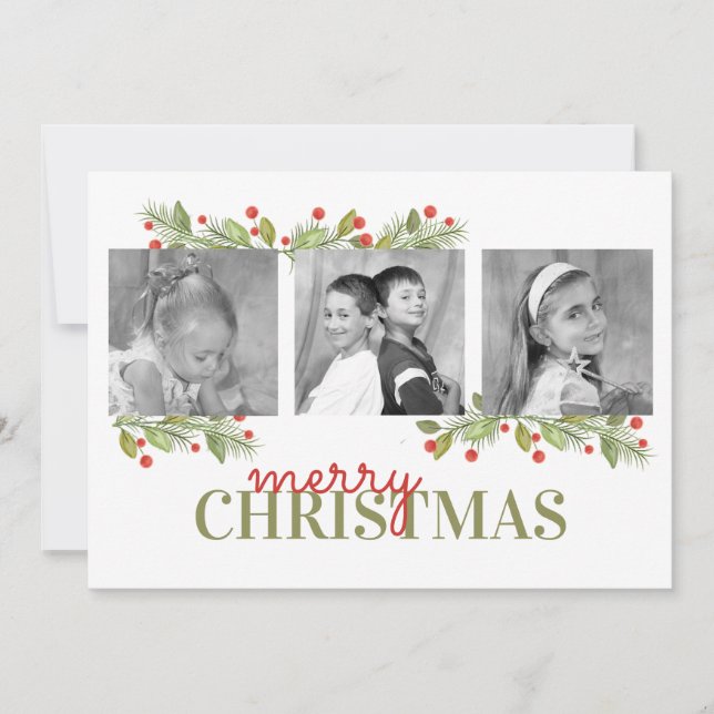 Pinecone Holly Christmas Photo Card Multi Photo (Front)