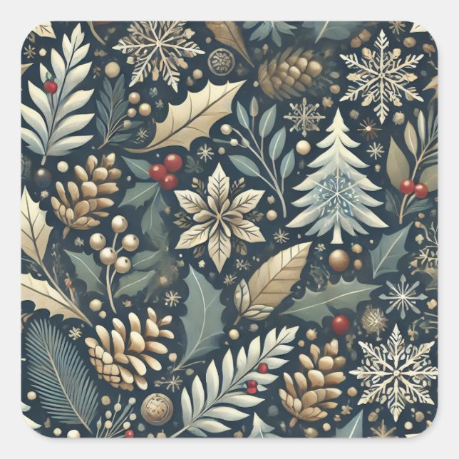 Pinecone, Holly, Snowflakes & Berries Holiday Square Sticker (Front)