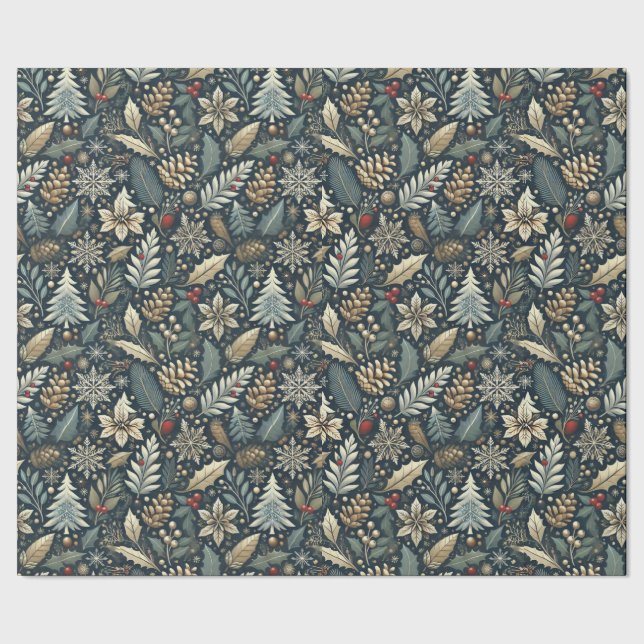 Pinecone, Holly, Snowflakes & Berries Holiday Wrapping Paper (Seam)
