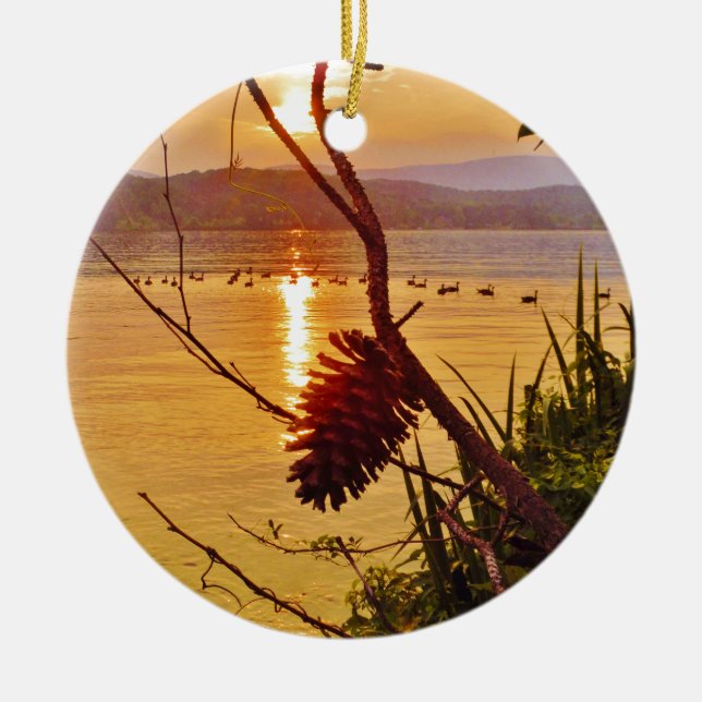 Pinecone Lake sunset Ceramic Ornament (Front)