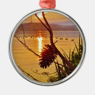 Pinecone Lake sunset Metal Ornament