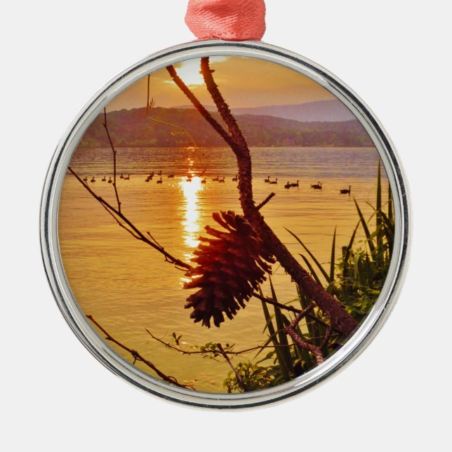 Pinecone Lake sunset Metal Ornament (Front)