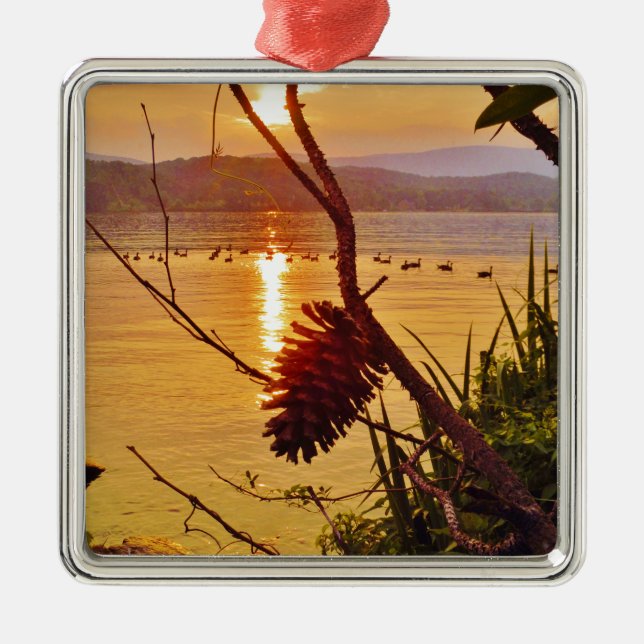 Pinecone Lake sunset Metal Tree Decoration (Front)