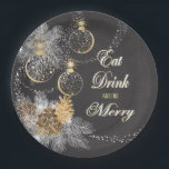 Pinecone Ornaments Chalkboard Christmas Paper Plate<br><div class="desc">Festive Christmas theme features Chalkboard artwork with pine cones,  pine branches and delicate gold accented Holiday ornaments and dusting of sparkle look dots.</div>
