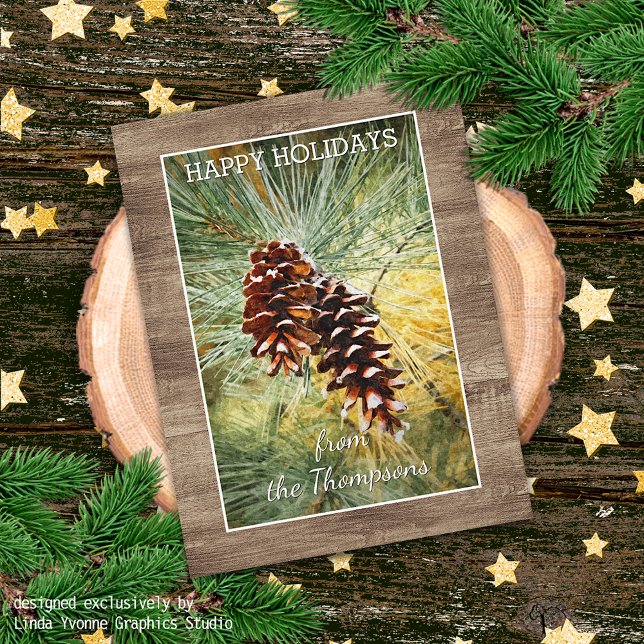 Pinecone Pine Tree Needles Greenery Watercolor Holiday Card (Creator Uploaded)
