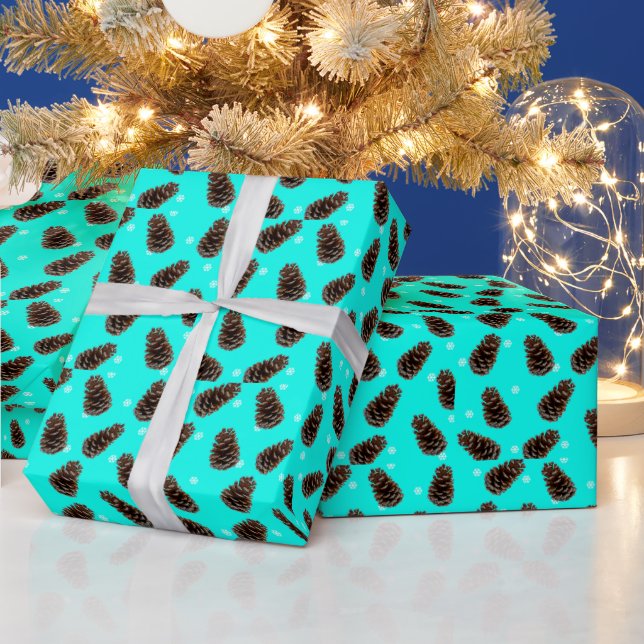 Pinecone Snowflake Pattern Aqua Wrapping Paper (Holidays)
