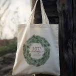 Pinecone Tree Wreath Happy Holidays  Tote Bag<br><div class="desc">Pine Tree Wreath Winter Holiday Tote Bag with Custom Text. For more advanced customisation of this design,  please click the BLUE DESIGN TOOL BUTTON. Matching items are also available.</div>
