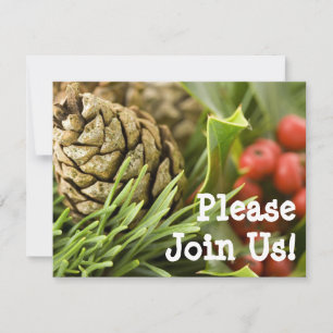 Pinecone with Holly Custom Christmas Invitations