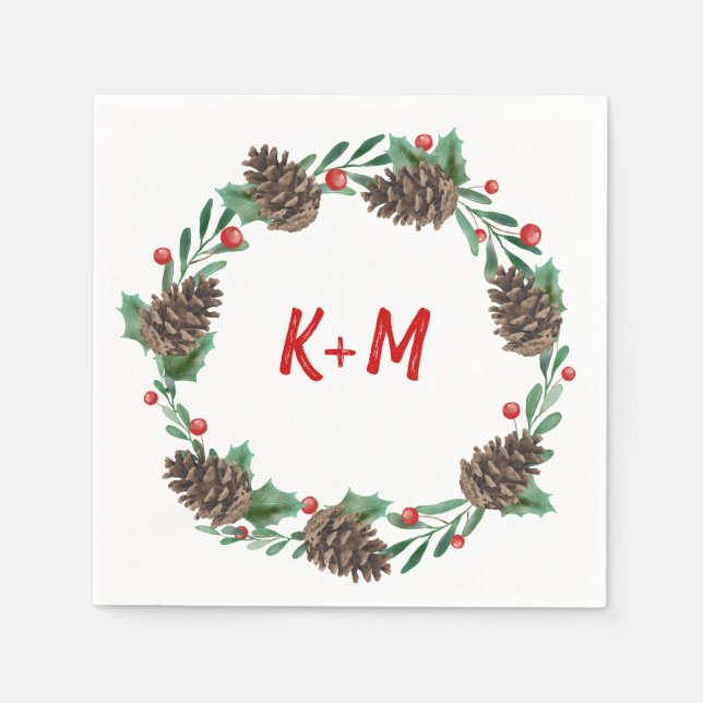 Pinecone Wreath Berry Christmas Wedding Monogram Napkin (Front)