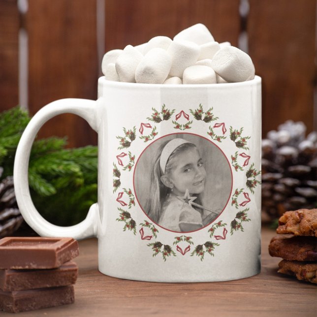 Pinecones and Berries Holiday Mandala Large Coffee Mug (Elegant Christmas red and green photo mug)