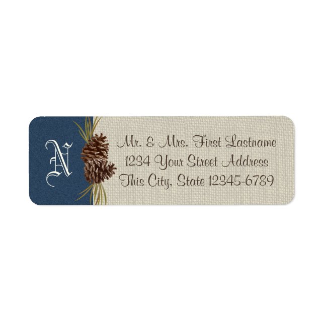 Pinecones and Burlap Navy Blue Winter Return Address Label (Front)