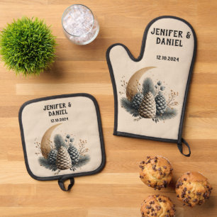 Pinecones and Crescent Moon Winter Love Oven Mitt & Pot Holder Set