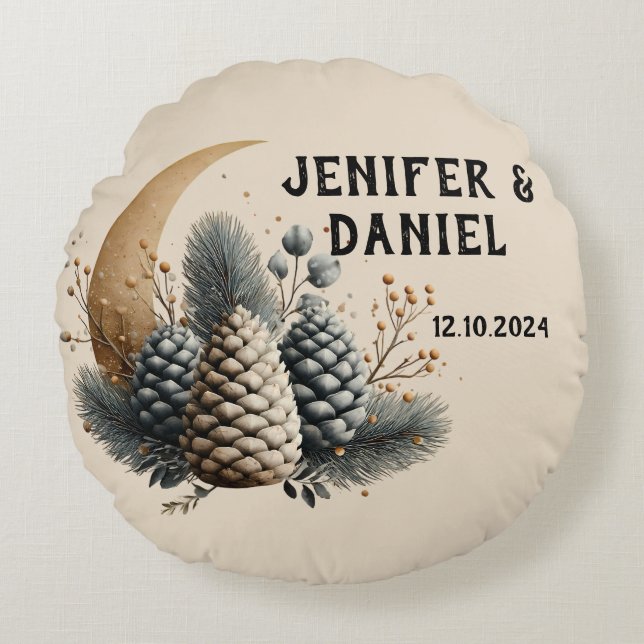 Pinecones and Crescent Moon Winter Love Round Cushion (Front)