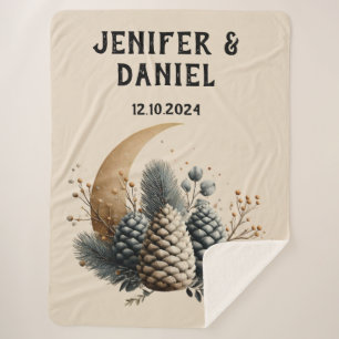 Pinecones and Crescent Moon Winter Love Sherpa Blanket