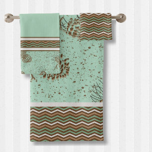 Pinecones and Distressed Chevron Stripes Cabin  Bath Towel Set