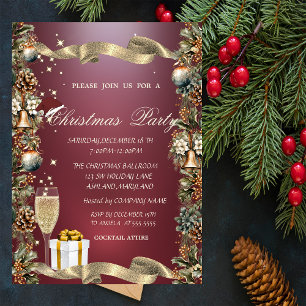 Pinecones,Bells,Balls,Glass,Red Company Christmas Invitation