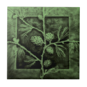 Pinecones Branches Green Faux Relief Antique Repro Ceramic Tile