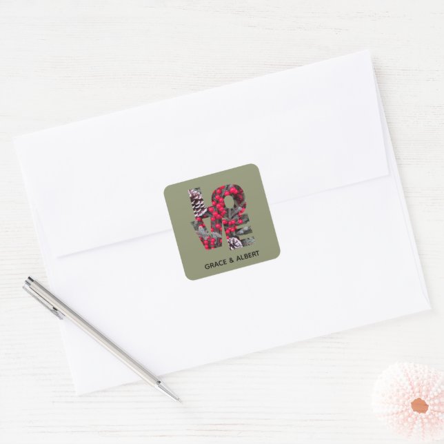 Pinecones Evergreens Red Berries Square Sticker (Envelope)