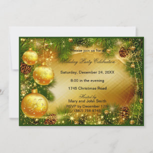 Pinecones Gold Ornaments Christmas Party Invite