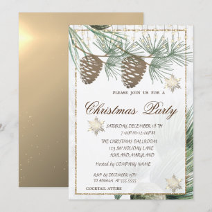 Pinecones ,Snowflakes Gold Christmas Corporated Invitation