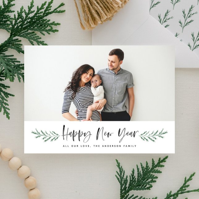 Pineneedle Happy New Year Modern Photo Holiday Card (Creator Uploaded)