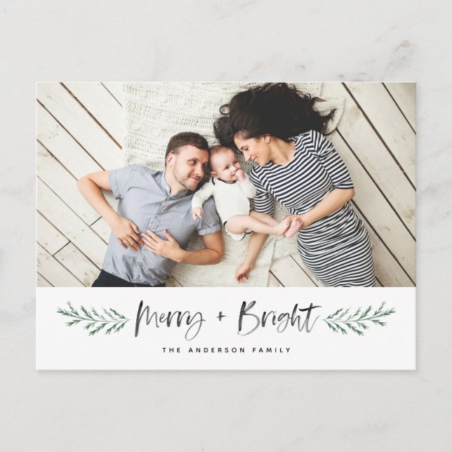 Pineneedle Merry and Bright Modern Photo Holiday Postcard (Front)