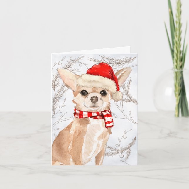Pines and a Tan Chihuahua Christmas Holiday Card (Front)