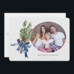 Pines Berries and Bow Holiday Photo Card<br><div class="desc">A nonsectarian holiday photo card featuring your favourite photo and a bouquet of pine, berries and pinecone tied with a blue bow. (Photo by gpointstudio on Freepik). (Image by pikisuperstar on Freepik). The card is easy to customise with your wording, font and font colour. Not exactly what you're looking for?...</div>