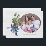 Pines Berries and Bow Holiday Photo Card<br><div class="desc">A nonsectarian holiday photo card featuring your favourite photo and a bouquet of pine, berries and pinecone tied with a blue bow. (Photo by gpointstudio on Freepik). (Image by pikisuperstar on Freepik). The card is easy to customise with your wording, font and font colour. Not exactly what you're looking for?...</div>