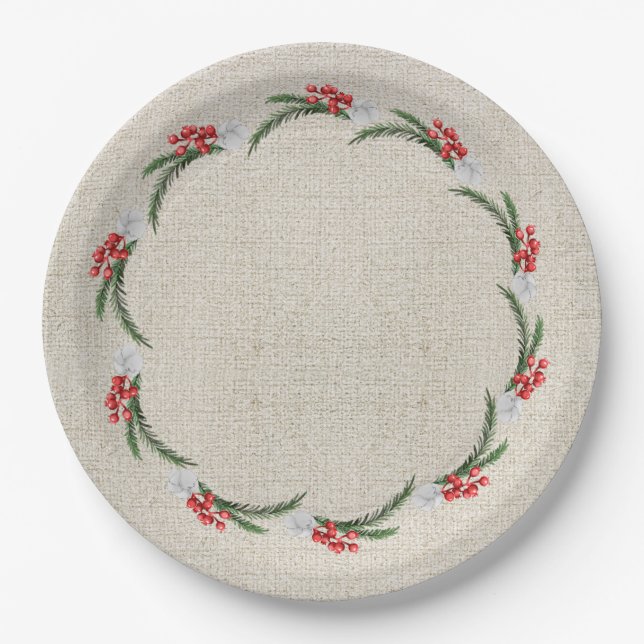 Pines Berries and Flowers Christmas Holiday Paper Plate (Front)