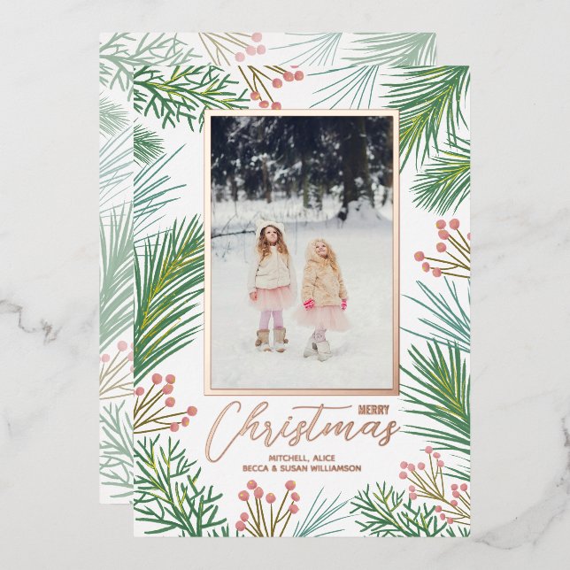 Pines Berries Christmas Photo Foil Holiday Card (Front/Back)