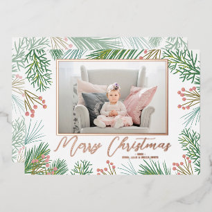 Pines Berries Navy Blue Christmas Photo Foil Holiday Card