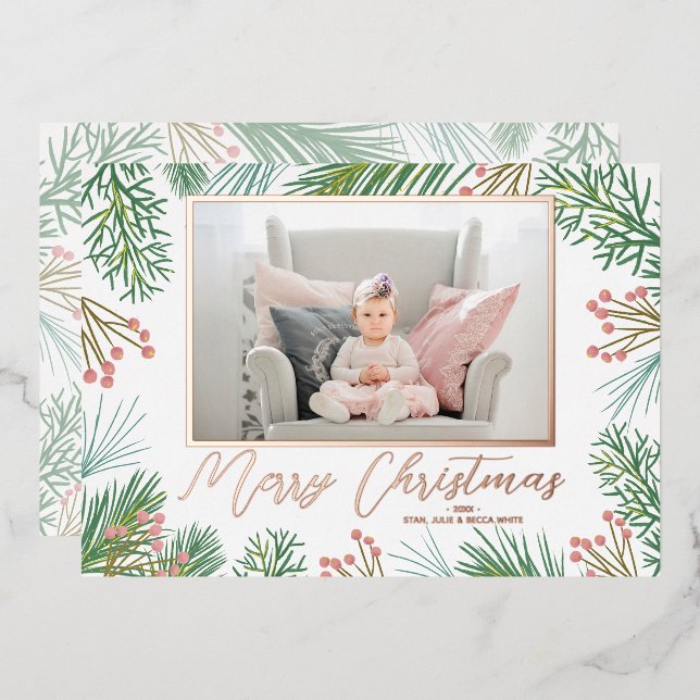 Pines Berries Navy Blue Christmas Photo Foil Holiday Card (Front/Back)
