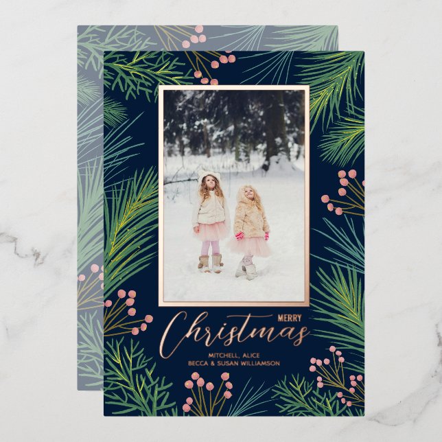 Pines Berries Navy Blue Christmas Photo Foil Holiday Card (Front/Back)