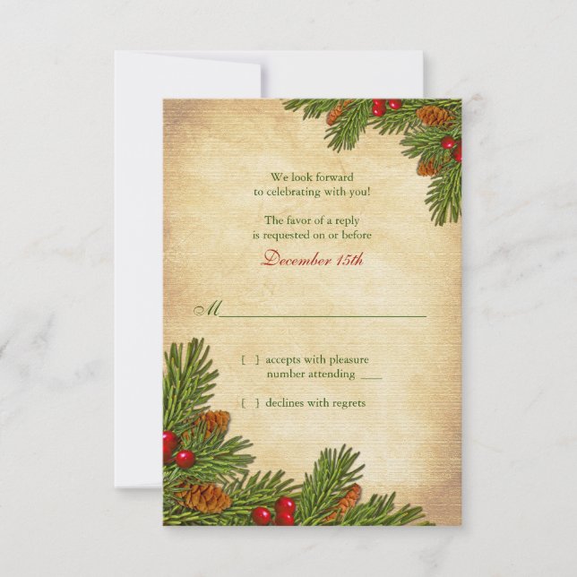 Pines Boughs Holiday Winter Wedding RSVP Card (Front)