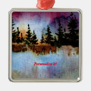 Pines on a cliff with a colourful sky and fog meta metal ornament