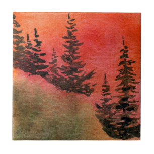 Pines on a hill with a dramatic red sunrise sky ceramic tile
